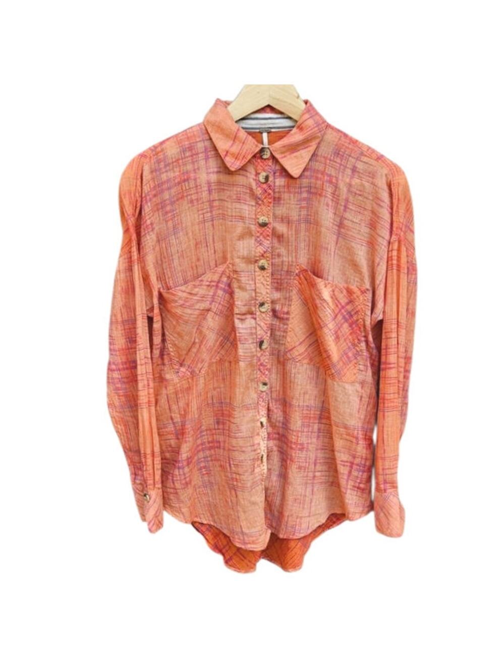 Free People Shore Vibes Button Down Long Sleeve Cotton Orange Women's Small